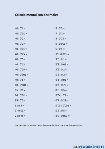 Calculo mental decimales