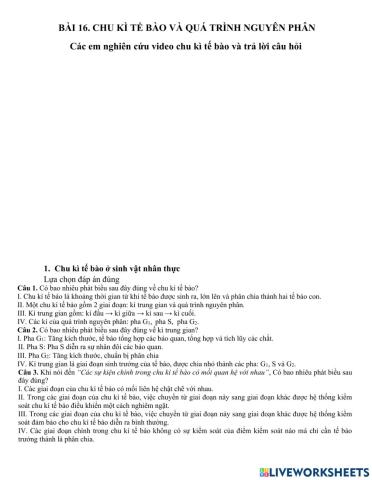 chu kì tế bào và quá trình nguyên phân