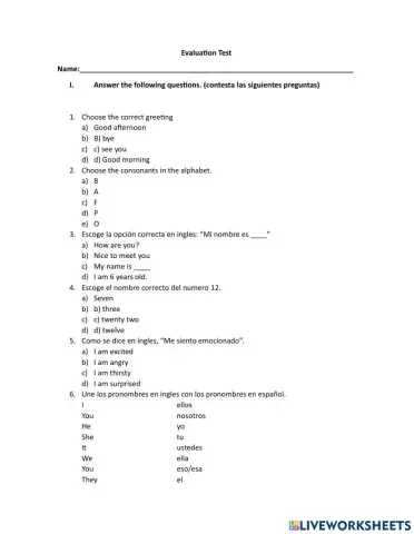 Test de evaluacion en ingles para principiantes