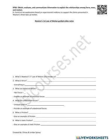Newton's 1st Law of Motion Video Notes