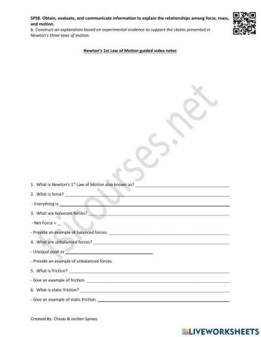 Newton's 1st Law of Motion Video Notes