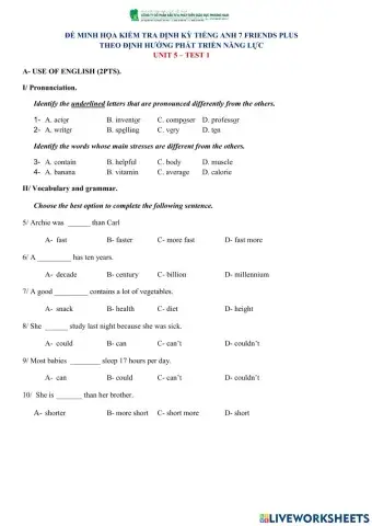 Friends Plus 7 Unit 5 Test 1