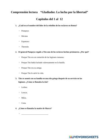Comprensión lectora. Gladiador (Cap. 1-12)