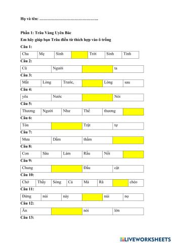 Ôn Tiếng Việt 3 (Đề 6-Trâu vàng uyên bác) cấp Huyện