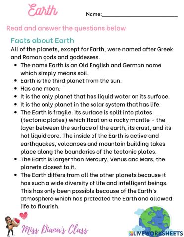 Reading comprehension: Planets