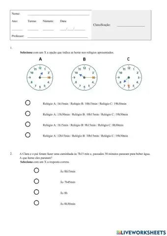 Ficha de avaliação de matemática 3ºano A