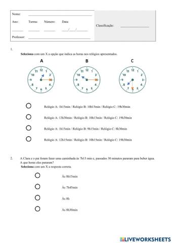Ficha de avaliação de matemática 3ºano A