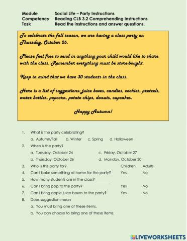 Reading CLB 3.2 Comprehending Instructions - School Party Invitation