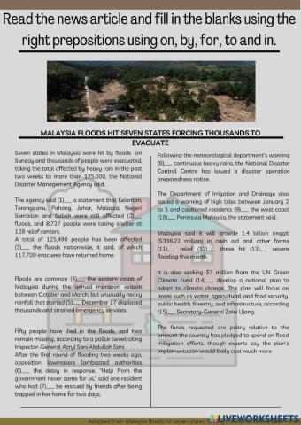 Read the news article and FILL IN THE BLANKS USING THE RIGHT PREPOSITIONS USING ON, BY, FOR,TO AND IN.