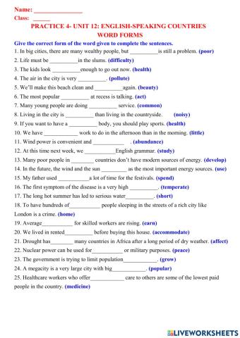 English 7 unit 12 word form