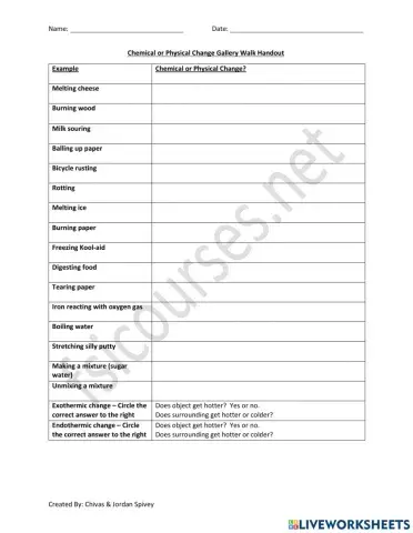 Chemical or Physical Changes Gallery Walk Handout