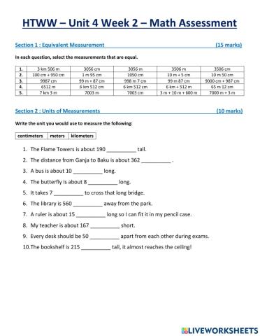 Math - Length Measurements Assessment