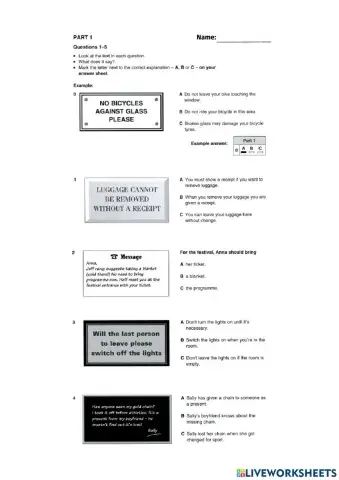 PET Reading Practice 1