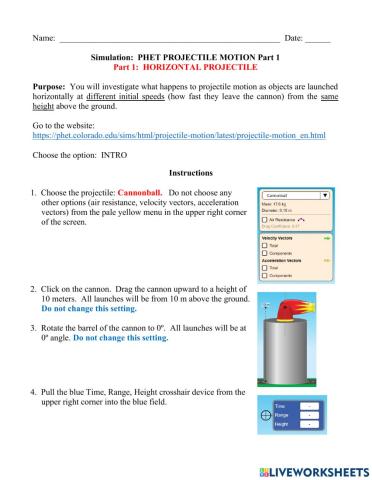 PHET Projectile Motion Simulation Part 1