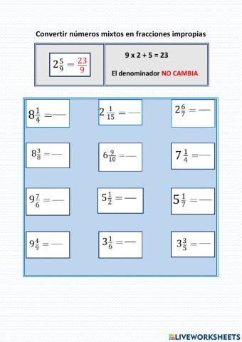 Convertir números mixtos en fracciones impropias