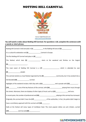 NOTTING HILL CARNIVAL (Listening comprehension)