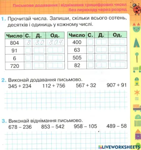 Письмове додавання і віднімання трицифрових чисел без переходу через розряд