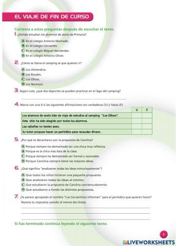 COMPRENSIÓN AUDITIVA - EL VIAJE DE FIN DE CURSO