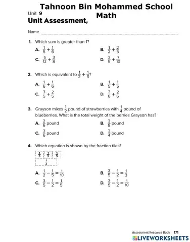 Math revision Worksheet - Unit 9 add and subtract Fractions