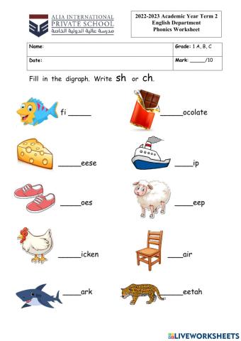 Consonant Digraph sh and ch
