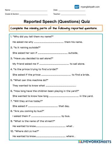 Reported speech. Questions