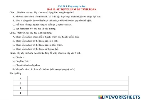 Tin 7 - Bài 10 Sử dụng hàm để tính toán