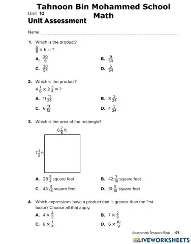 Math review worksheet unit 10 multiply fractions