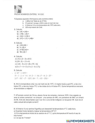 Examen nombres enters 1r ESO