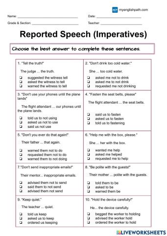 Reported speech. Imperatives