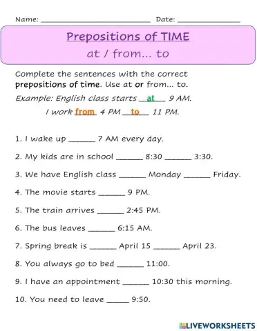 Prepositions of time: at - from... to