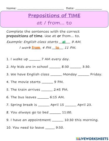 Prepositions of time: at - from... to