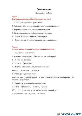 Органи рослин. Самостійна робота