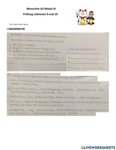 A2 Prüfung Lektionen 9 und 10