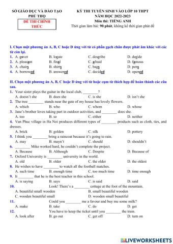 Đề thi vào 10 số 2 -ME English