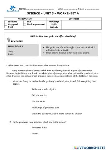 UNIT 3 – How does grain size affect dissolving?