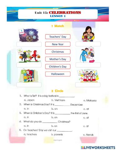 Tiếng Anh 4 - Unit 15 - Lesson 1 - When is Teachers' Day? homework