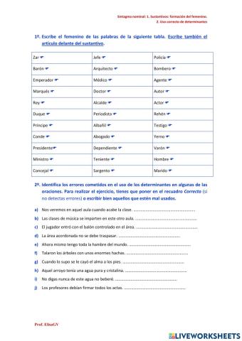 Sustantivo: formar femenino. Uso especial de determinantes