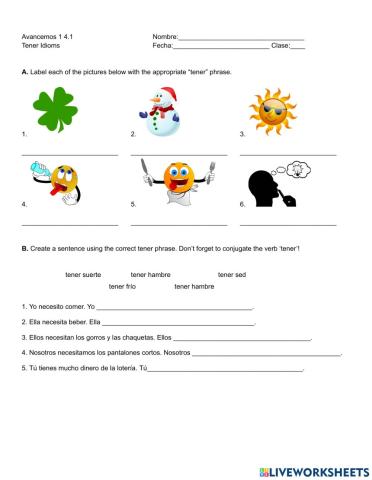 4.1 Tener Idioms wkst