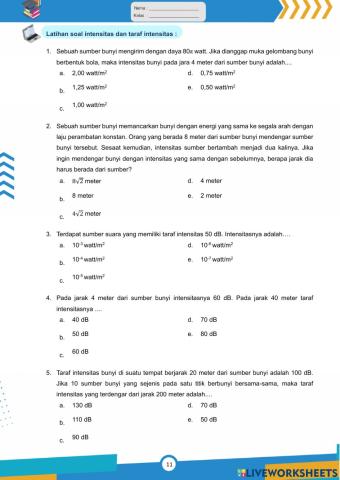 Latihan Soal Intensitas dan Taraf Intensitas Bunyi