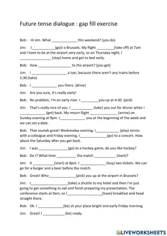 Future tense dialogue gap fill exercise