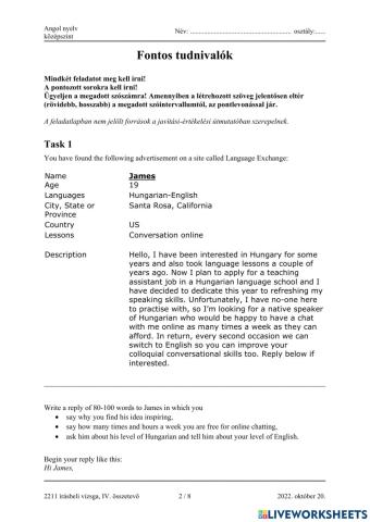 Angol érettségi 2022 október íráskészség