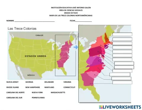 Mapa trece colonias norteaméricanas