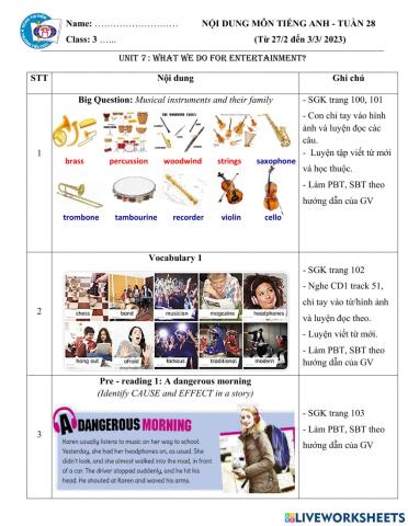 Nội dung Tiếng Anh tuần 28