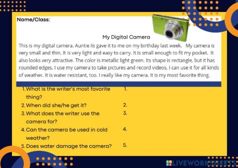 Reading comprehension on describng things