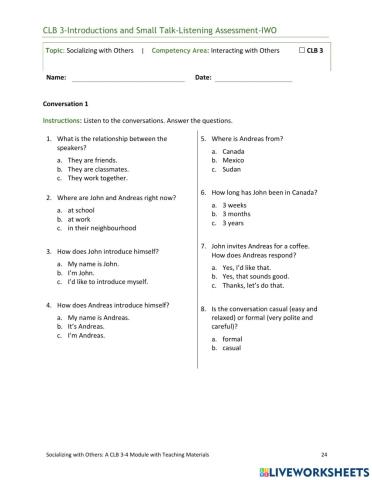 CLB 3-Small Talk and Introductions-Listening Assessment-IWO