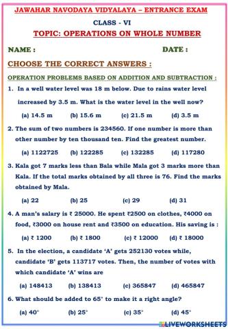 Operations on whole numbers