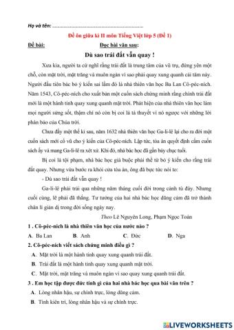 Đề ôn giữa kì TV lớp 5