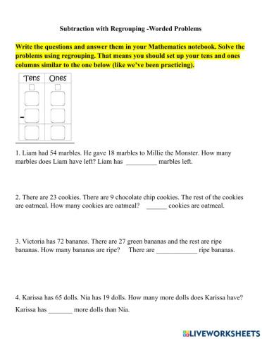Subtraction With Regrouping Worded Problems