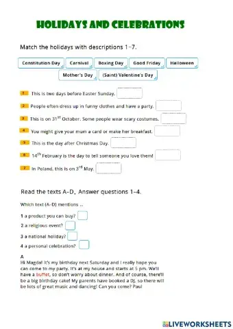 Holidays and celebrations