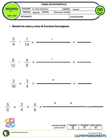 Operaciones de fracciones heterogéneas